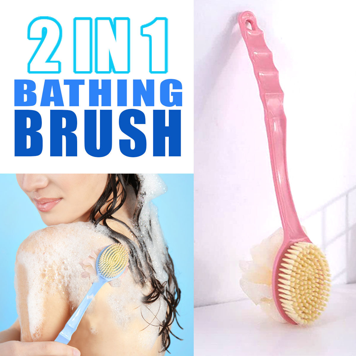 BELOXY 2 in 1 Body Brush - Back Body Loofah Brush Long Handled with Bristles Back Scrubber for Improve Skin Exfoliating Bath, Massage, Wet or Dry Brushing Back Scrubber for Shower