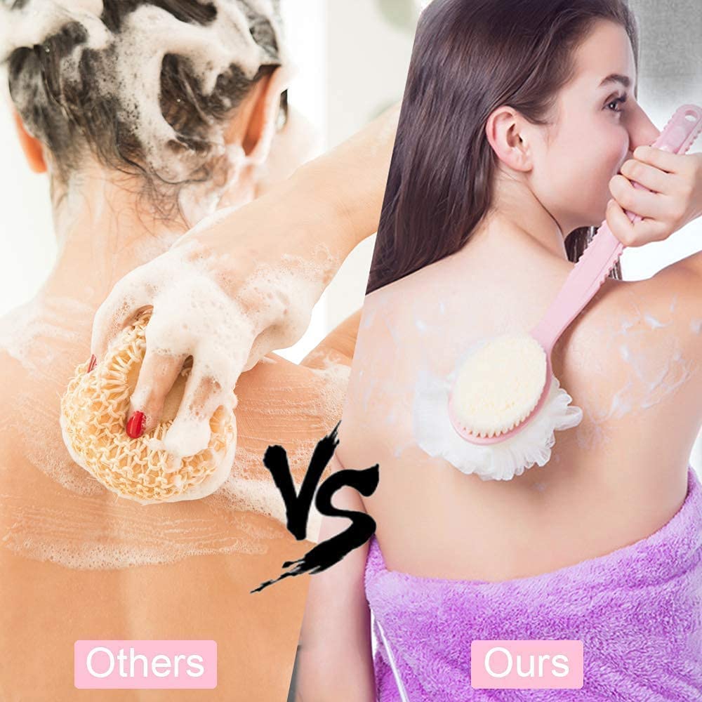 BELOXY 2 in 1 Body Brush - Back Body Loofah Brush Long Handled with Bristles Back Scrubber for Improve Skin Exfoliating Bath, Massage, Wet or Dry Brushing Back Scrubber for Shower